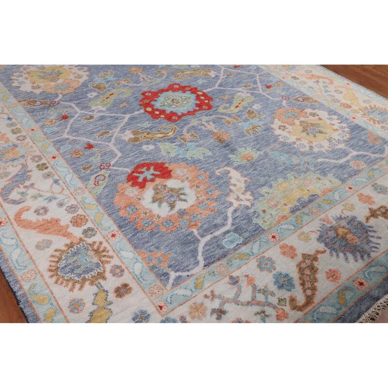 All-Over Blue Floral Oushak Indian Area Rug Hand-Knotted Wool Carpet - 7'11" X 9'9"