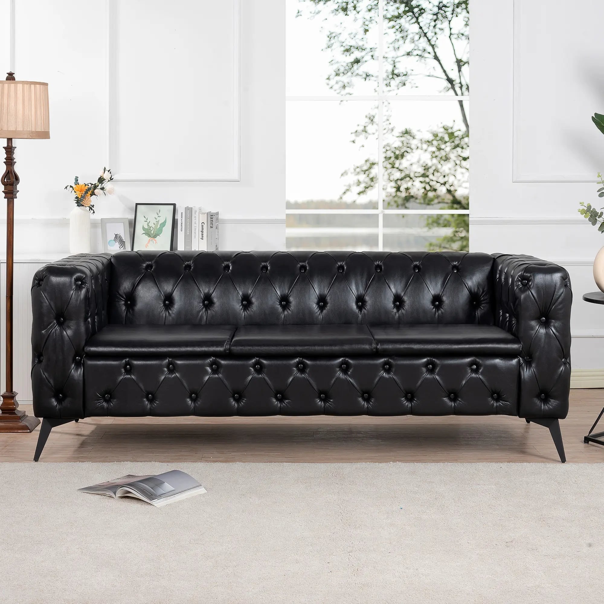 84 Traditional 3-Seater Sofa PU Leather with Square Arms Black