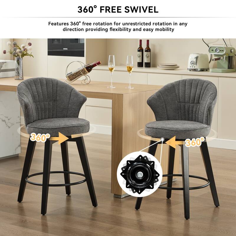 Set of 2 Chenille Upholstered Swivel Bar Stools with Solid Wood Legs and Wing Back
