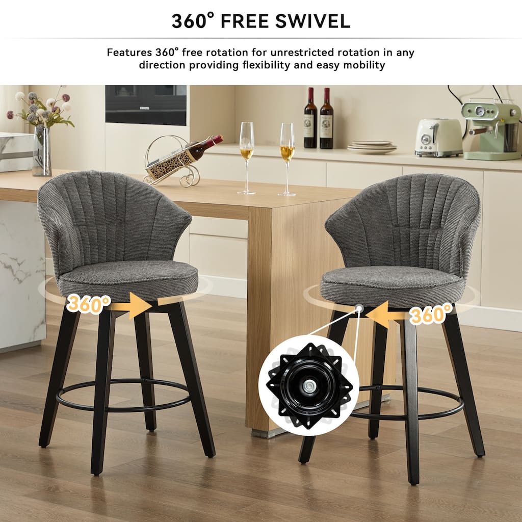 Wing Back Swivel Bar Stools Set of 2, Counter Height Adjustable Stools with Wood Legs & Leveling Feet