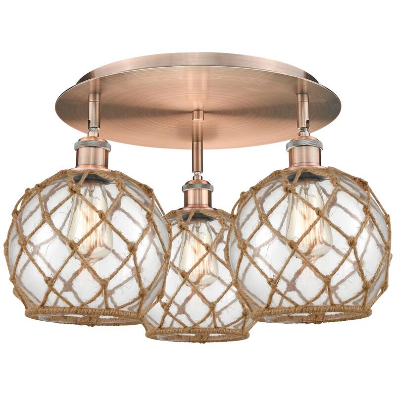 Innovations Lighting 516-3C-12-20 Farmhouse Rope Semi-Flush Farmhouse - Antique Copper / Clear Glass with Brown Rope