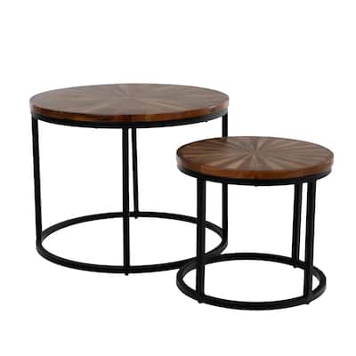 Set of 2 Round Nesting Side Tables - Solid Mango Wood Top with Iron Base - Natural Finish - Modern Accent
