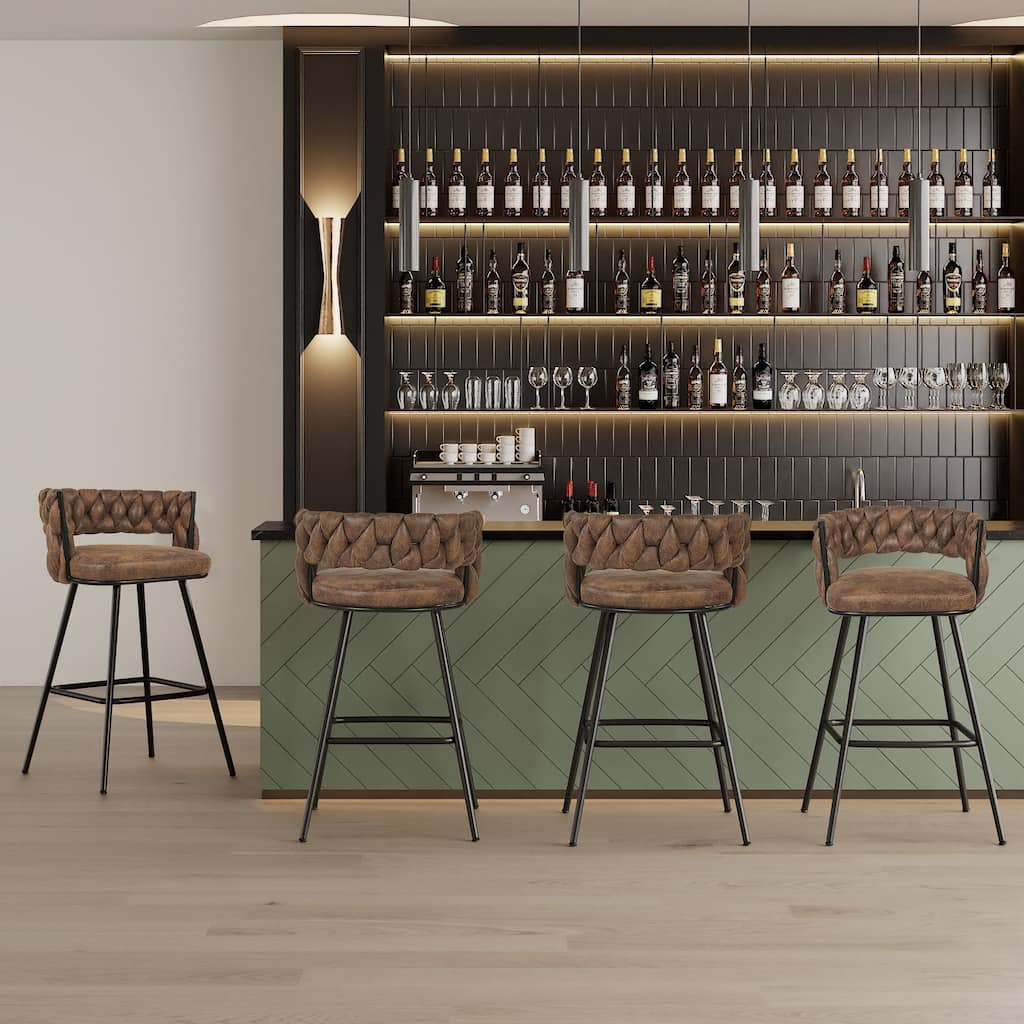 VECELO Counter Height Bar Stools with Woven Backrest 26.77" Seat Height Mid-Century Modern Upholstered Bar Chairs for Kitchen