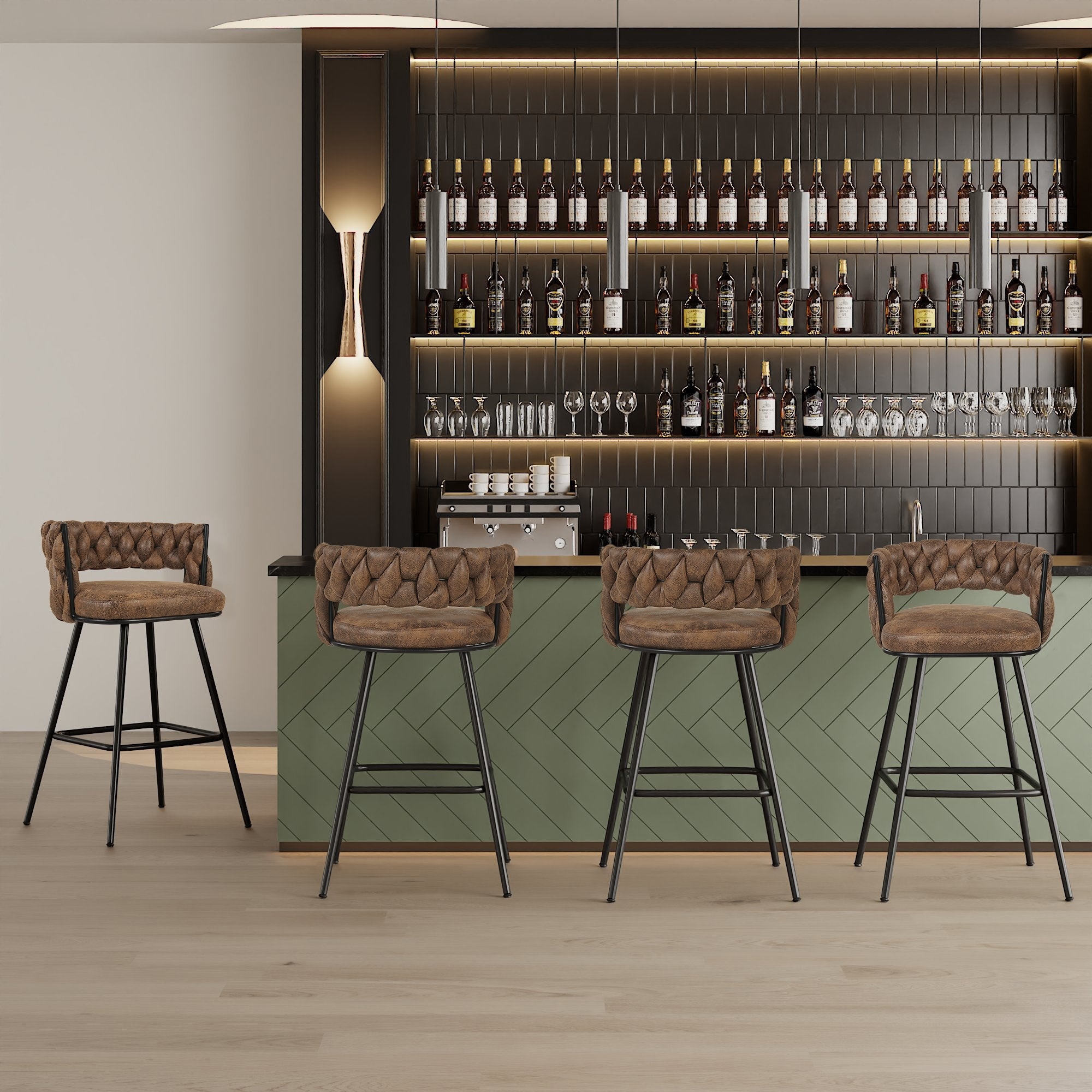 VECELO Counter Height Bar Stools with Woven Backrest 26.77" Seat Height Mid-Century Modern Upholstered Bar Chairs for Kitchen