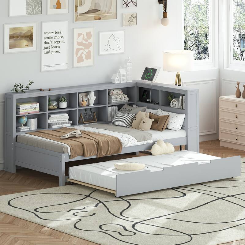 Wood Twin/Full Size DayBed with Twin Trundle, Storage Shelf and USB Charging Ports