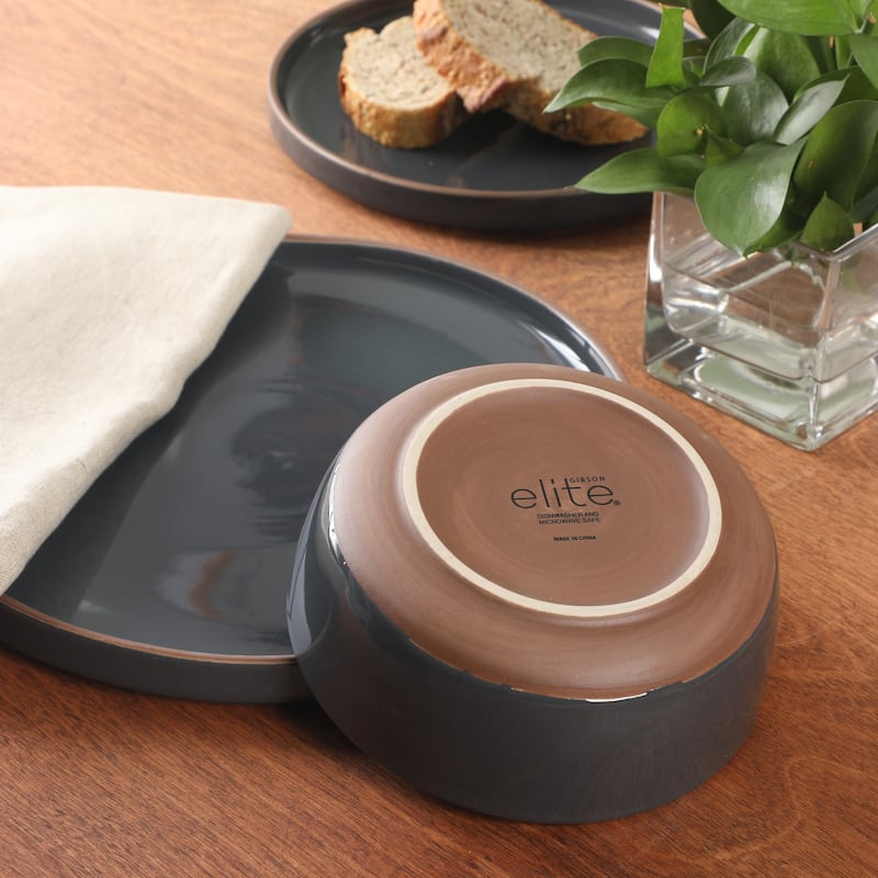 Gibson Elite Northrock Stoneware Dinnerware Set, 16-Piece Service for 4 - Plates & Bowls with Hand-Painted Terracotta Base