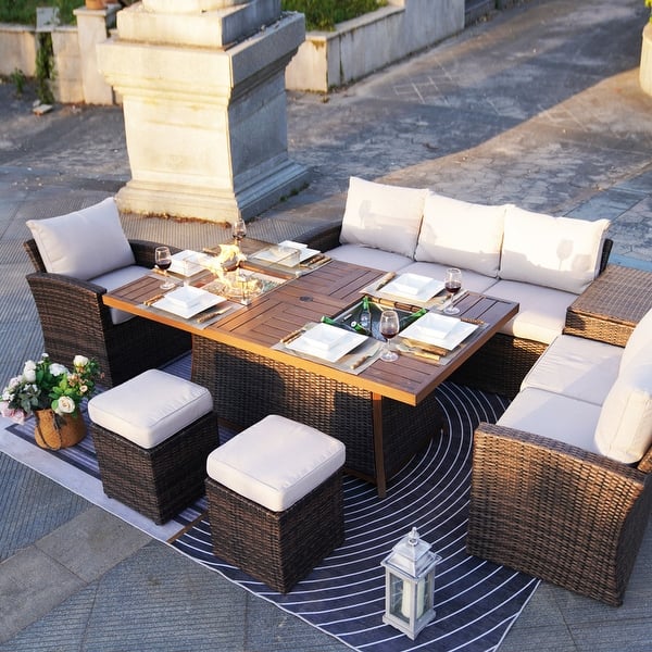 7-Piece Patio Sofa Set with Firepit and Ice Container Dining Table - Brown