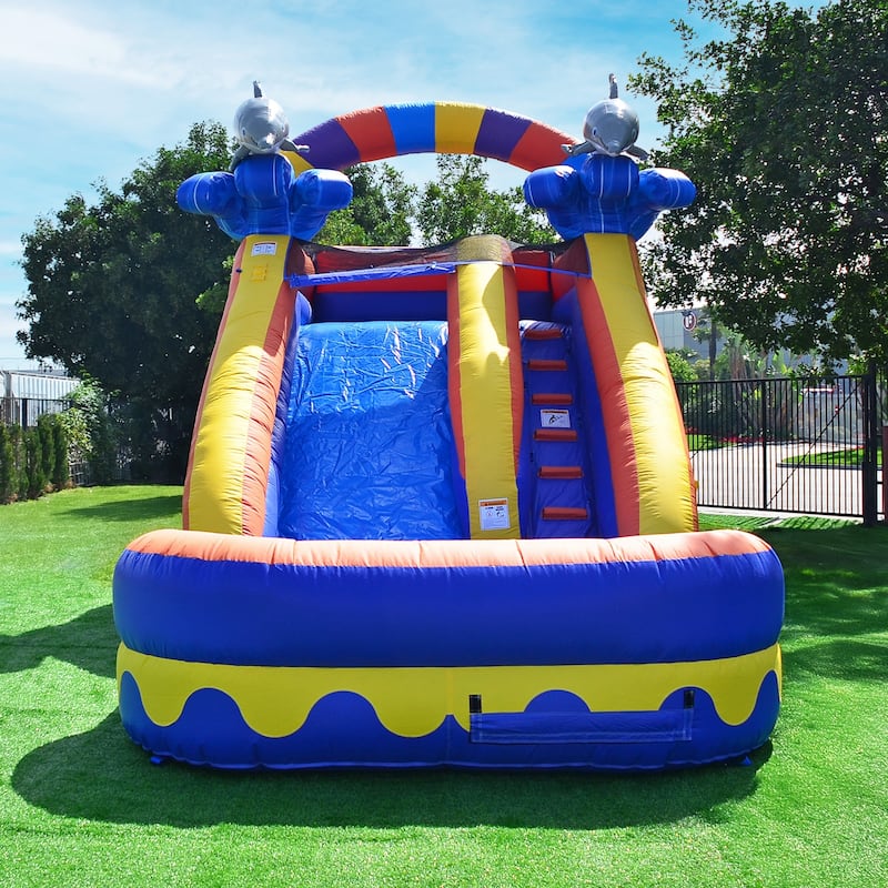 JumpOrange Dolphin Splash 14 Ft Commercial Grade Inflatable Water Slide with Deep Pool (with Blower)
