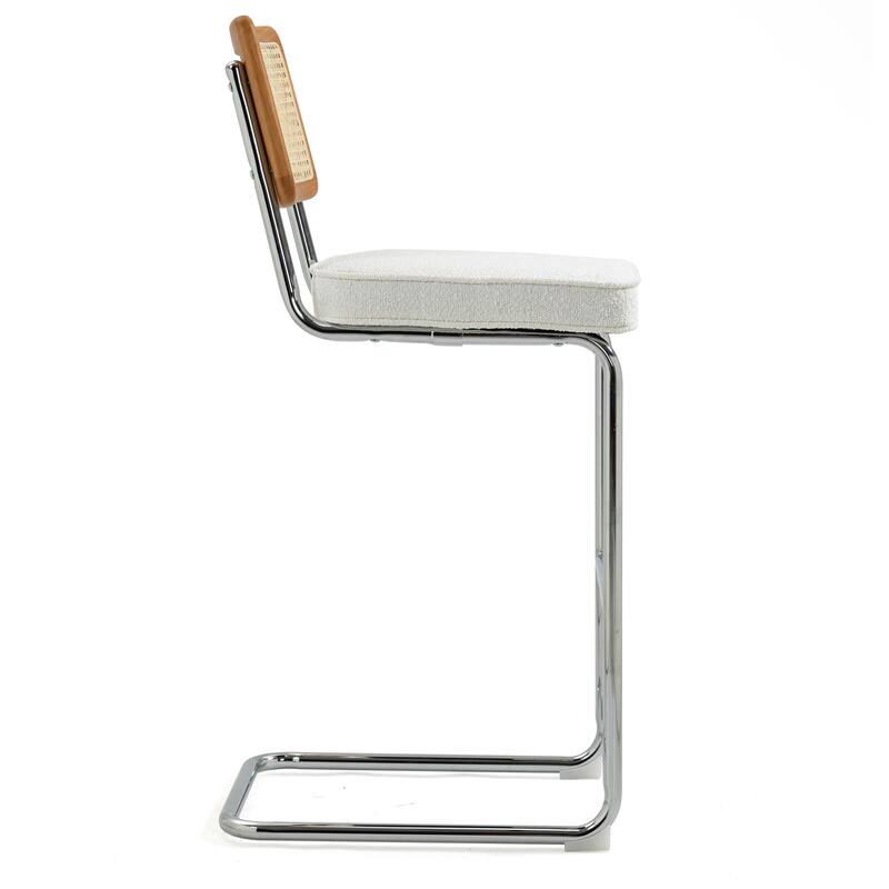 Set of 2 Ayo White Fabric Bar Stool with Rattan Backrest and Silver Steel Legs