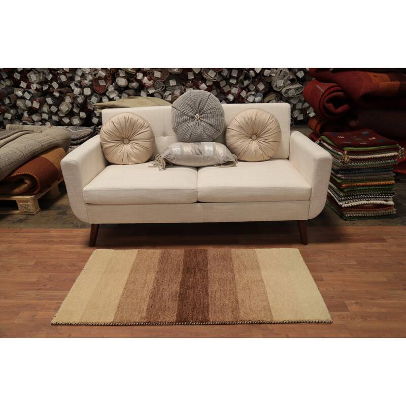Hand Knotted Oriental 100% Wool Carpet Modern Stripe Brown Gabbeh Area Rug - 4' 5'' X 2' 3''