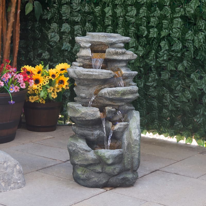 Waterfall Fountain w/ White LED, 24" Tall, Gray