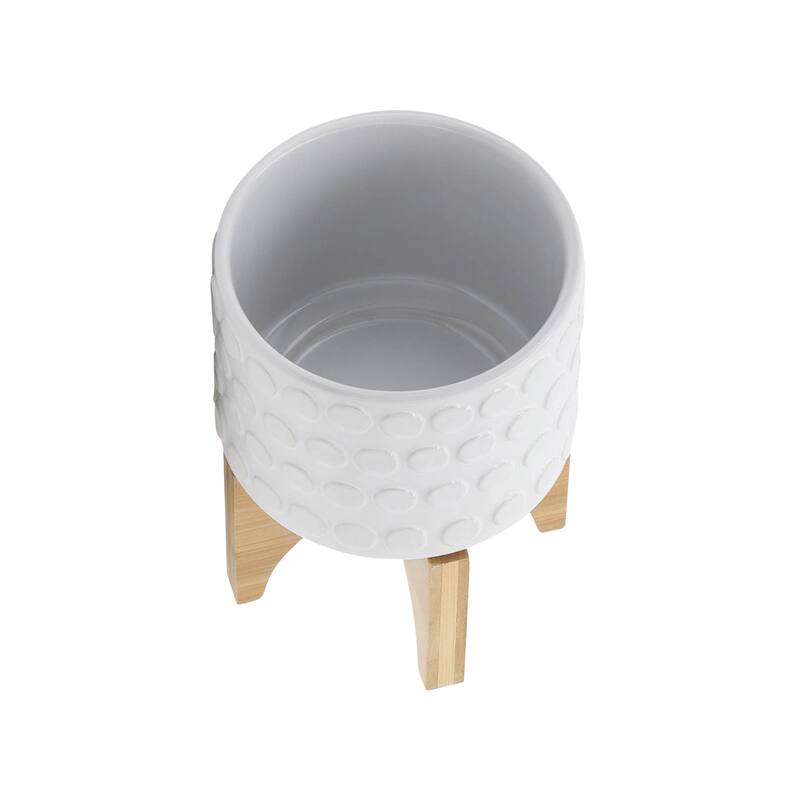 Sagebrook Home Ceramic Planters: Elevate Your Greenery with Stylish Bamboo Wood Stands - Perfect Home Decor Accessory
