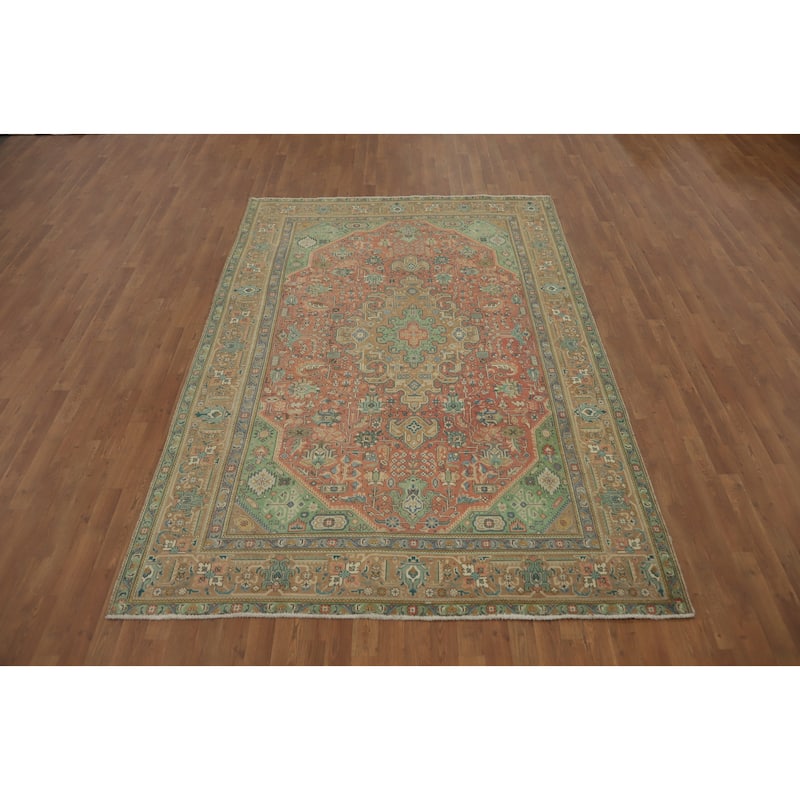 Hand Knotted Oriental 100% Wool Carpet Traditional Medallion Peach Tabriz Area Rug - 9' 5'' X 6' 5''