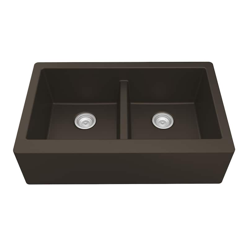 Karran Farmhouse Apron Front Quartz Double Bowl Kitchen Sink - Brown