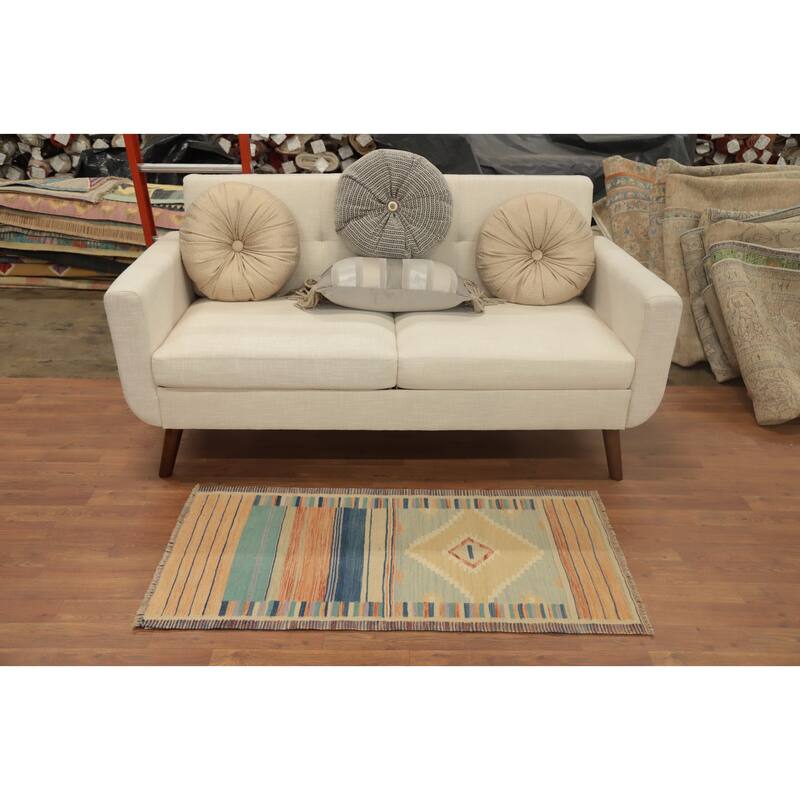 Hand Woven Oriental 100% Wool Carpet Southwestern Tribal Multi-Colored Kilim Area Rug - 4' 0'' X 2' 0''