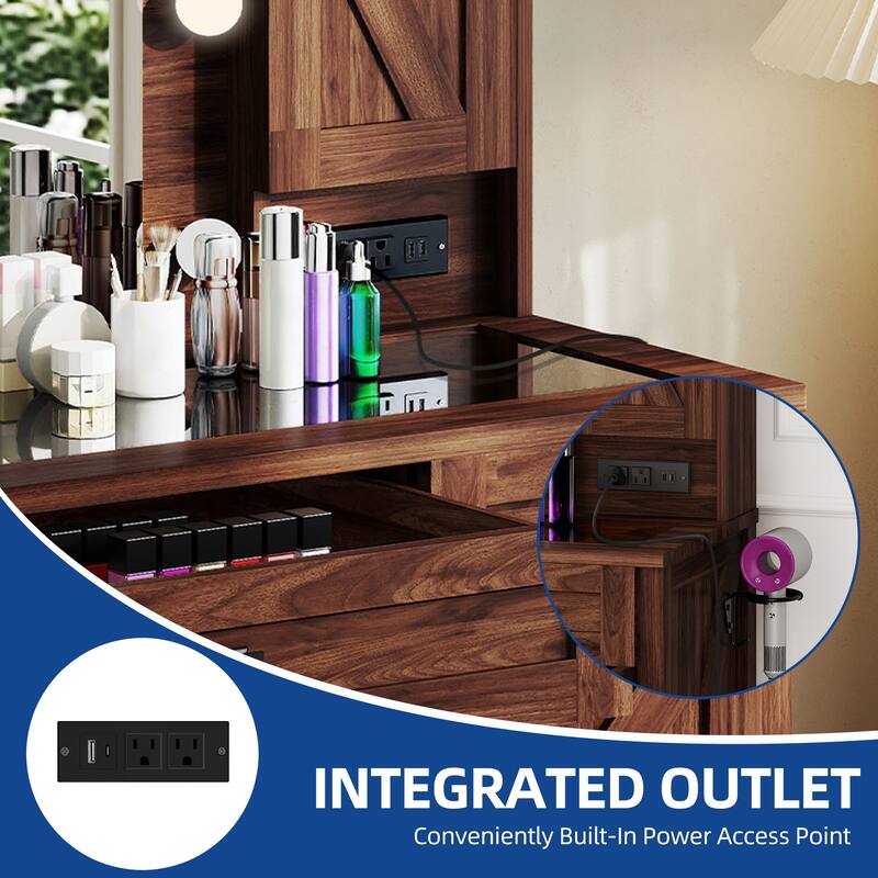 Moasis Farmhouse Makeup Vanity Desk Set with Mirror and Lights, Charging Station and Storage Stool