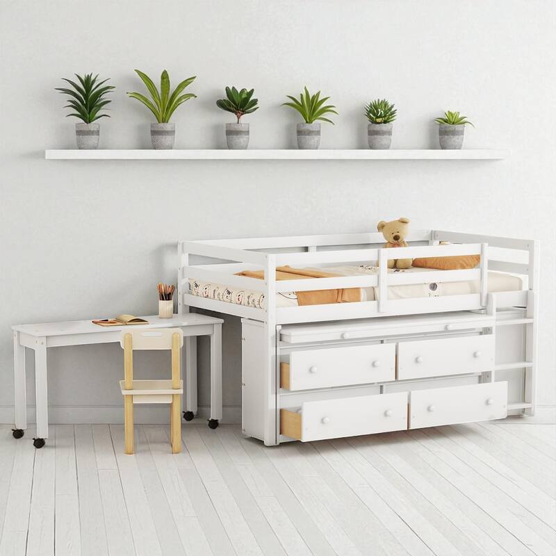 Twin Loft Bed with Retractable Desk, 4 Drawers and Shelves, Wooden Study Storage Bed for Kids Teens - White - Twin