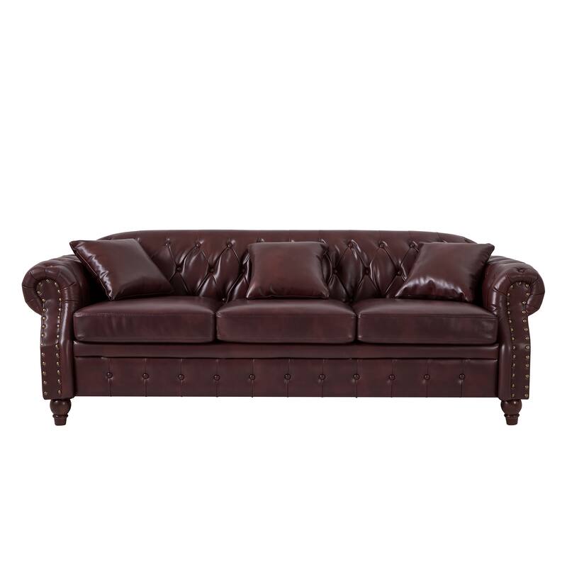 85.8" Technical Leather 3-Seater Sofa with Tufted Backrest & Storage