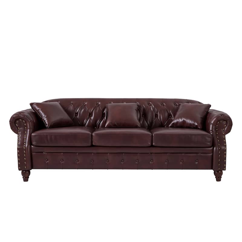 Chesterfield Sofa Classic Tufted Technical Leather Lounge Couch with Hidden Storage, Nailhead Trim and Pillows, for Living Room