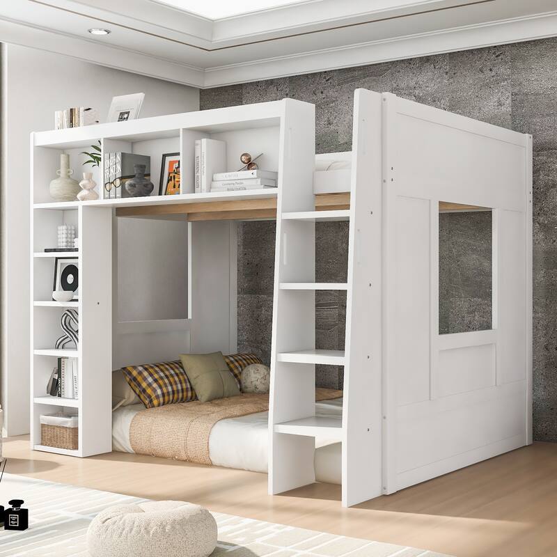 Roomfitters Queen Size Loft Bed with Storage Cabinets and Bookshelves