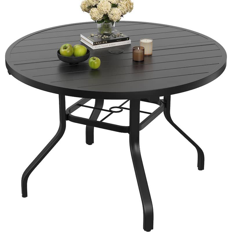 Round Outdoor Dining Table, 41" Round Patio Table Wood-Like Grain with 1.57" Umbrella Hole, Metal Outdoor Dining Tables