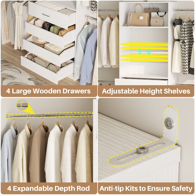 Rackcog 74''-115'' Closet System with 4 Wooden Drawers and 4 Hanging Rods, Sturdy Closet Organizer for Walk-in/Reach-in Closet