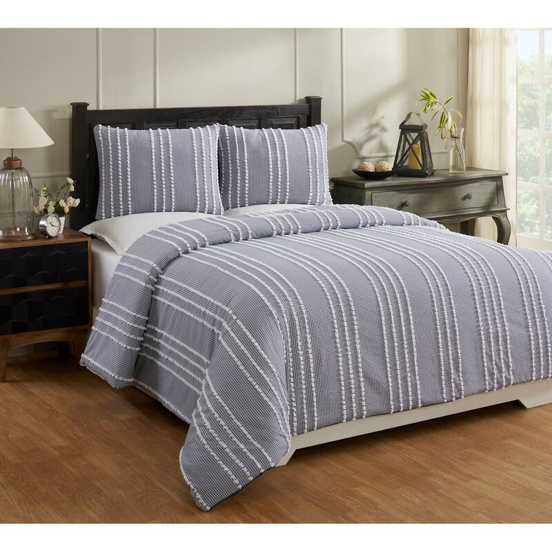 Better Trends Winston Comforter Set 100% Cotton Tufted Soft Plush Chenille Machine Washable Tumble Dry - King Comforter - Navy