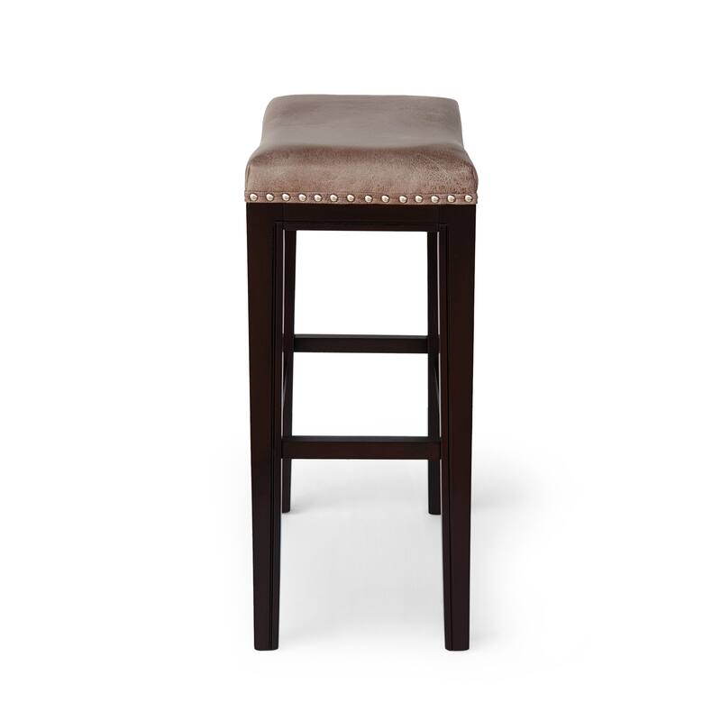 2-Pcs Set Wooden Frame Barstool, Nailhead Trim Saddle Bar Chair, Backless Counter High Chair, Upholstered Dining Chair