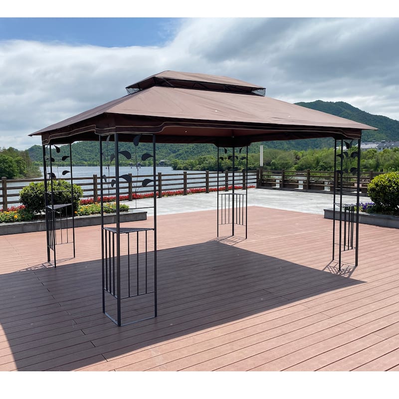 13x10 FT Patio Steel Gazebo, Canopy Tent with Ventilated Double Roof, Mosquito Netting & Privacy Screens for Garden, Backyard
