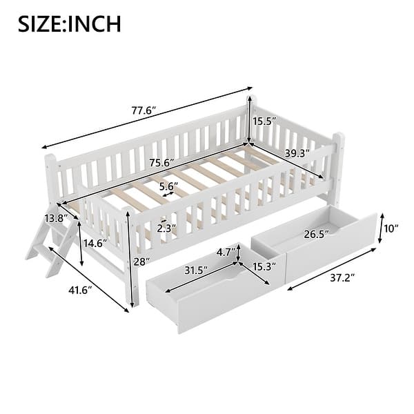 dimension image slide 0 of 2, Twin Size Platform Bed for Kids with Partial Guardrail and 2 Pull-Out Storage Drawers, Low Profile Wooden Frame