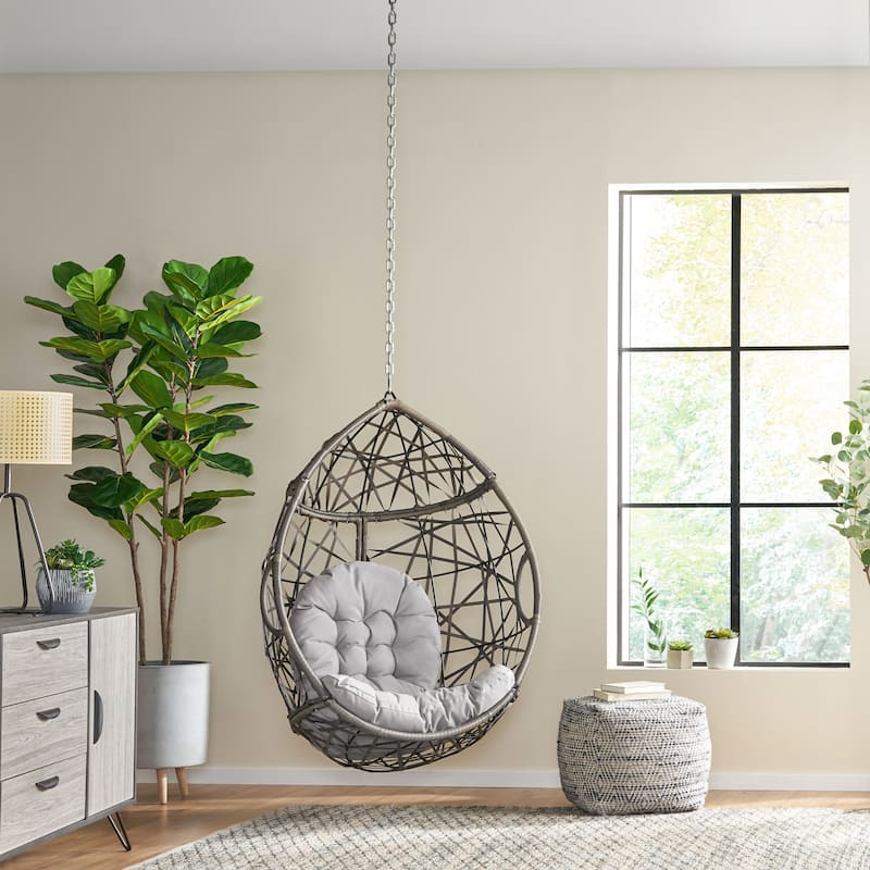 Teardrop Rattan Wicker Basket Swing Chair with Water-Resistant Cushions & Suspension Chain Hanging Chair Egg Chair