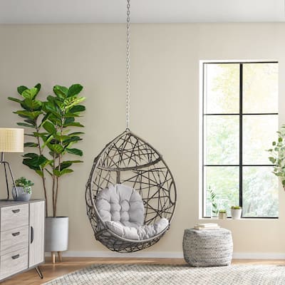 Teardrop Rattan Wicker Basket Swing Chair with Water-Resistant Cushions & Suspension Chain Hanging Chair Egg Chair