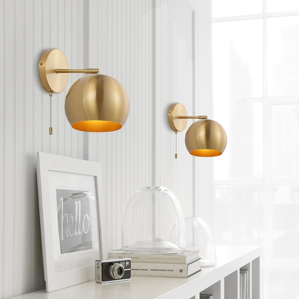 Mila 7 1 Light Modern Midcentury Iron LED Sconce with Pull Chain Switch Brass Gold Set of 2 by JONATHAN Y On Sale Bed Bath Beyond 36024355