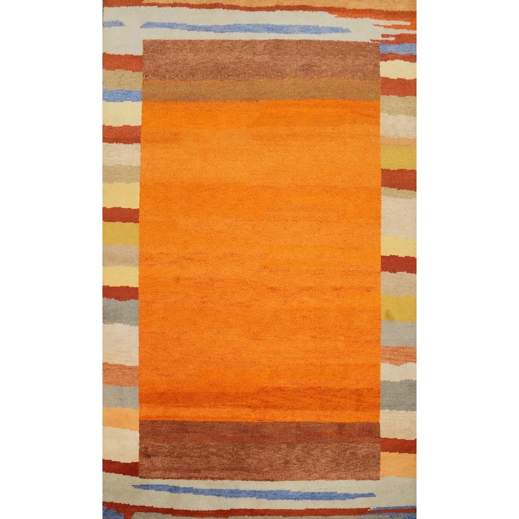 Hand Knotted Oriental 100% Wool Carpet Modern Bordered Oranges & Rust Gabbeh Area Rug - 9' 9'' X 6' 5''