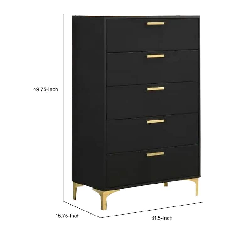 Lif 50 Inch Modern 5 Drawer Tall Dresser Chest, Gold Accents, Smooth Black