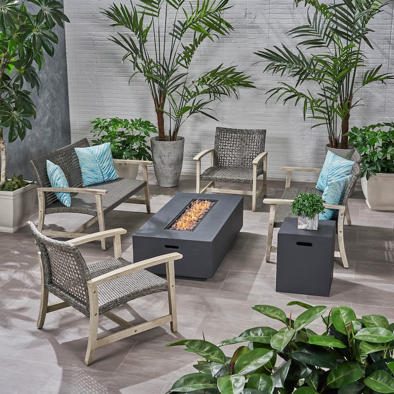 Augusta Outdoor Acacia Wood and Wicker 6 Seater Chat Set with Fire Pit by Christopher Knight Home