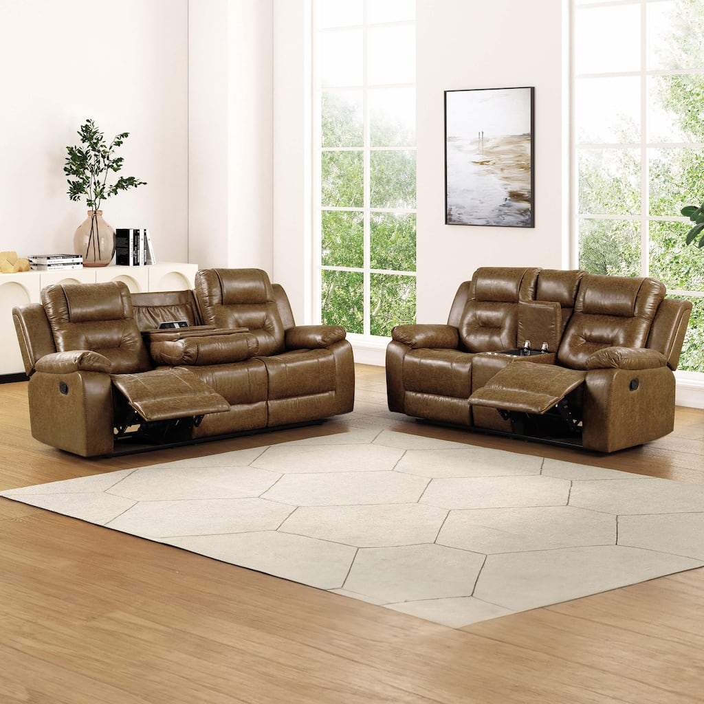 Furniture of America Charlestly Brown 2-Piece Faux Leather Reclining Sofa and Loveseat Set