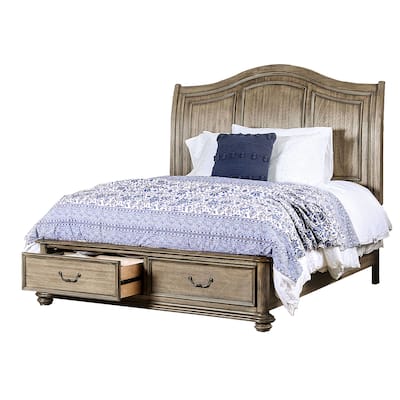 Queen Size Wooden Bed with 2 Drawers and Panel Headboard, Natural Brown