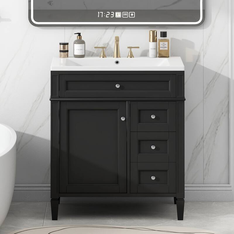 Roomfitters 30" Vanity with Sink, Bathroom Cabinet with 2 Drawers and Tip-out Tray, Modern Freestanding Design