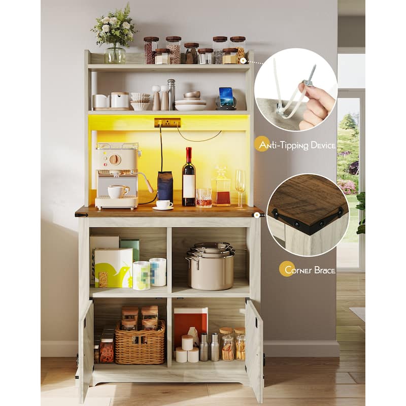 Moasis Farmhouse Kitchen Pantry Storage Cabinet Cupboard with Power Outlet, Microwave Stand and Adjustable Shelves