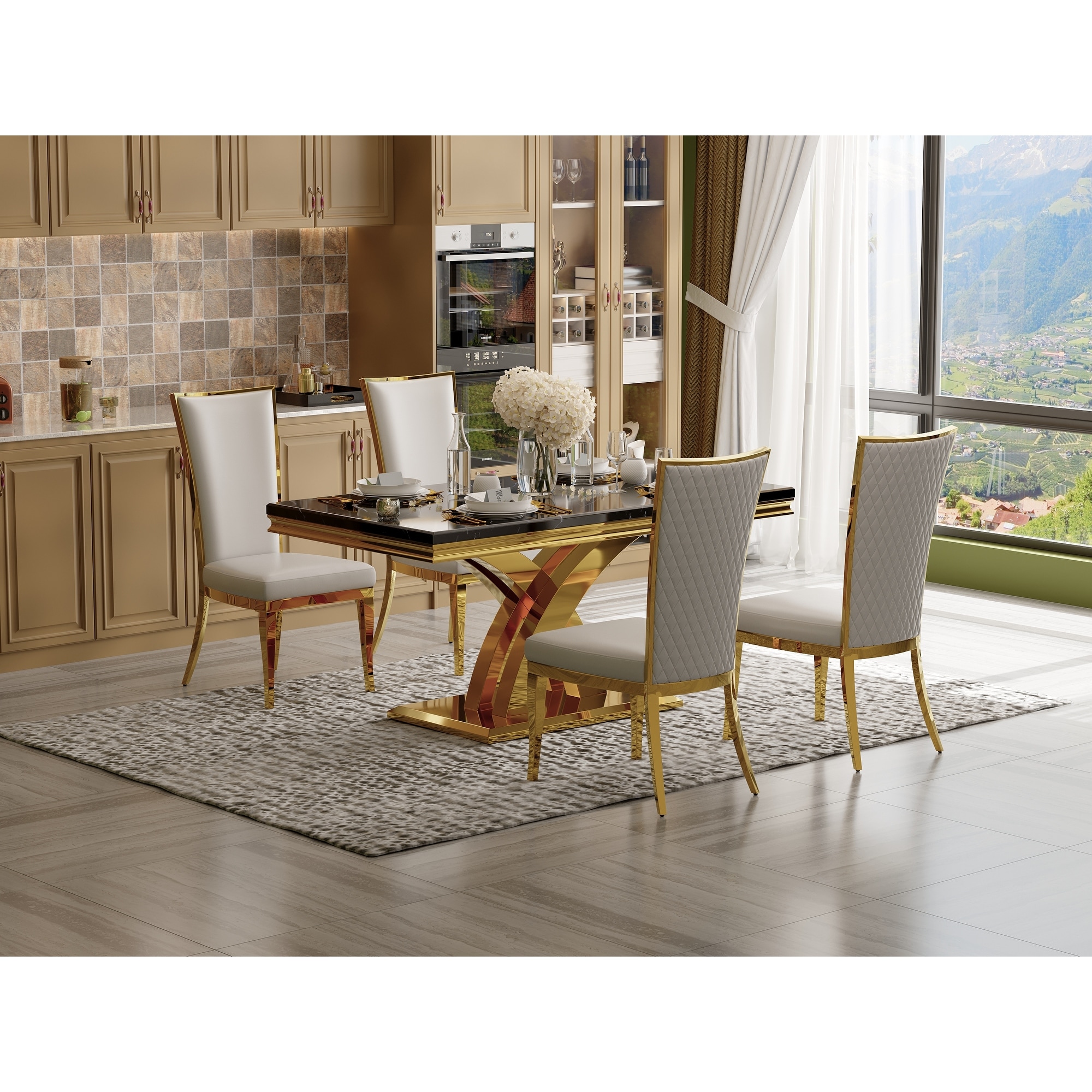 65 inch Faux Marble Dining Table Set with Boucle Dining Chairs