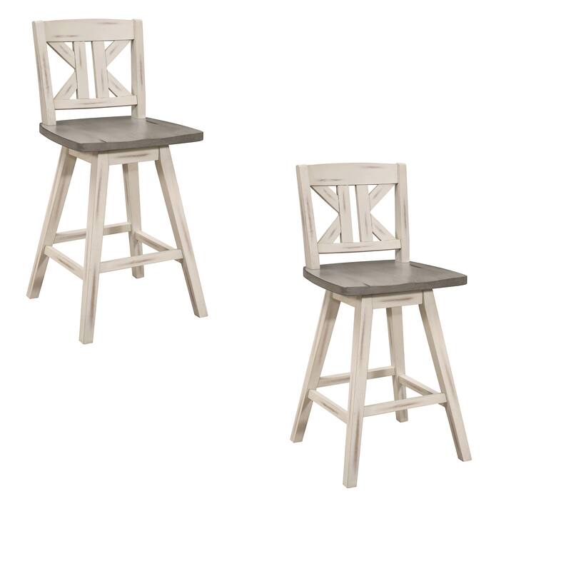 Set of 2 Swivel Bar Stools, 29 Inch Height with Divided X Back Design in Gray & White
