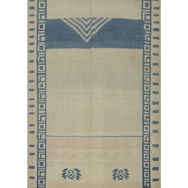 Hand Woven Oriental 100% Wool Carpet Southwestern Tribal Beige & Ivories Kilim Area Rug - 8' 5'' X 6' 8''