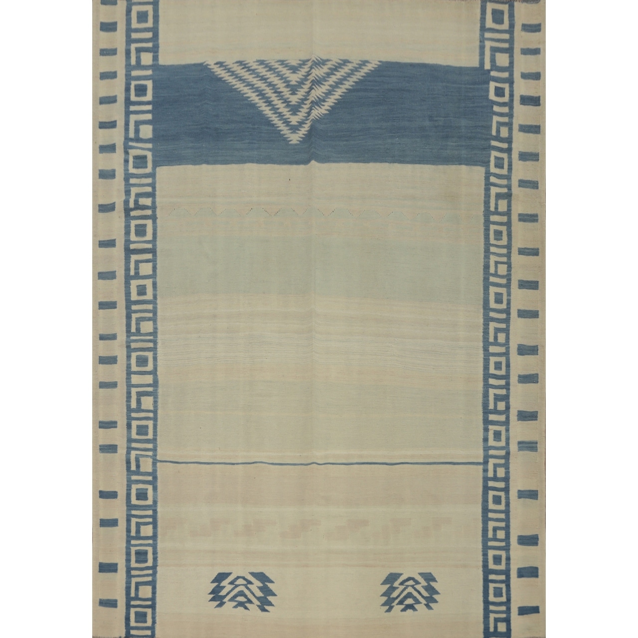 Hand Woven Oriental 100% Wool Carpet Southwestern Tribal Beige & Ivories Kilim Area Rug - 8' 5'' X 6' 8''