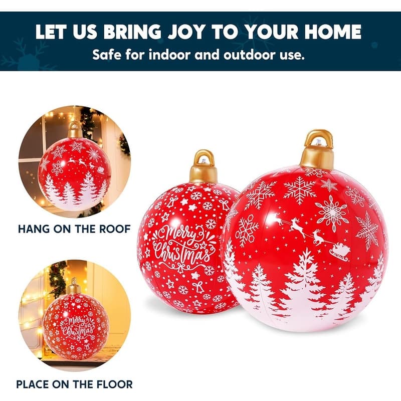 2 Pcs Giant Inflatable Christmas Balls, 25 Inch Red Ornaments with Christmas Patterns