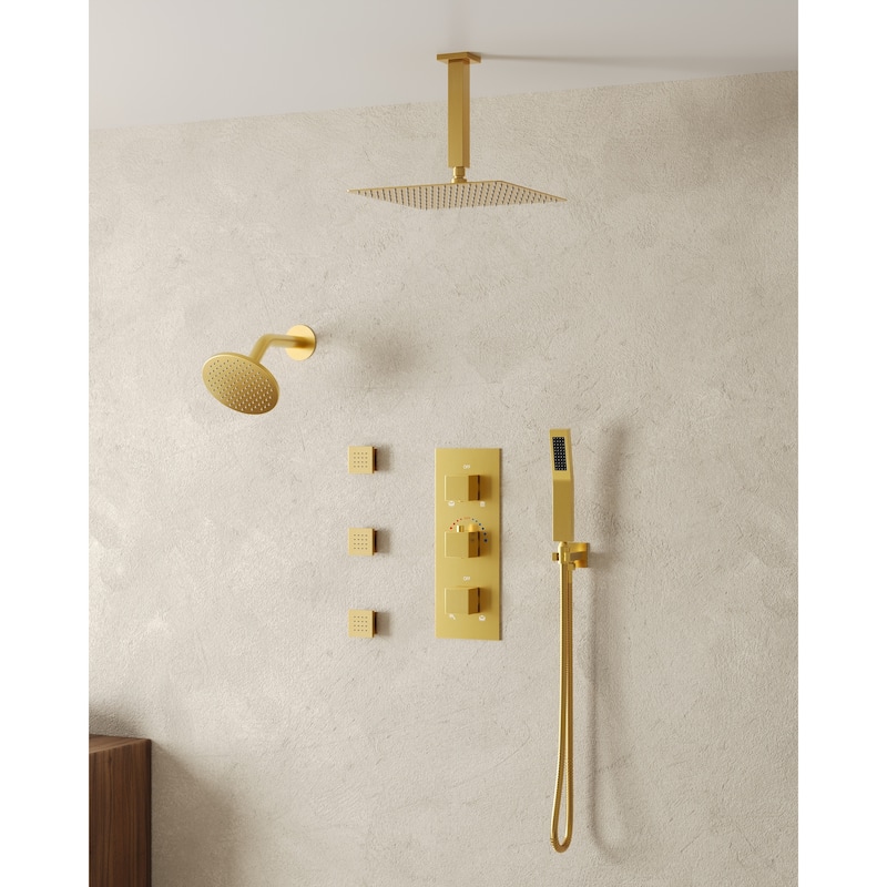 Thermostatic Dual Heads 12" Multi-Function Shower System with 3 Body Sprays - Brushed Gold
