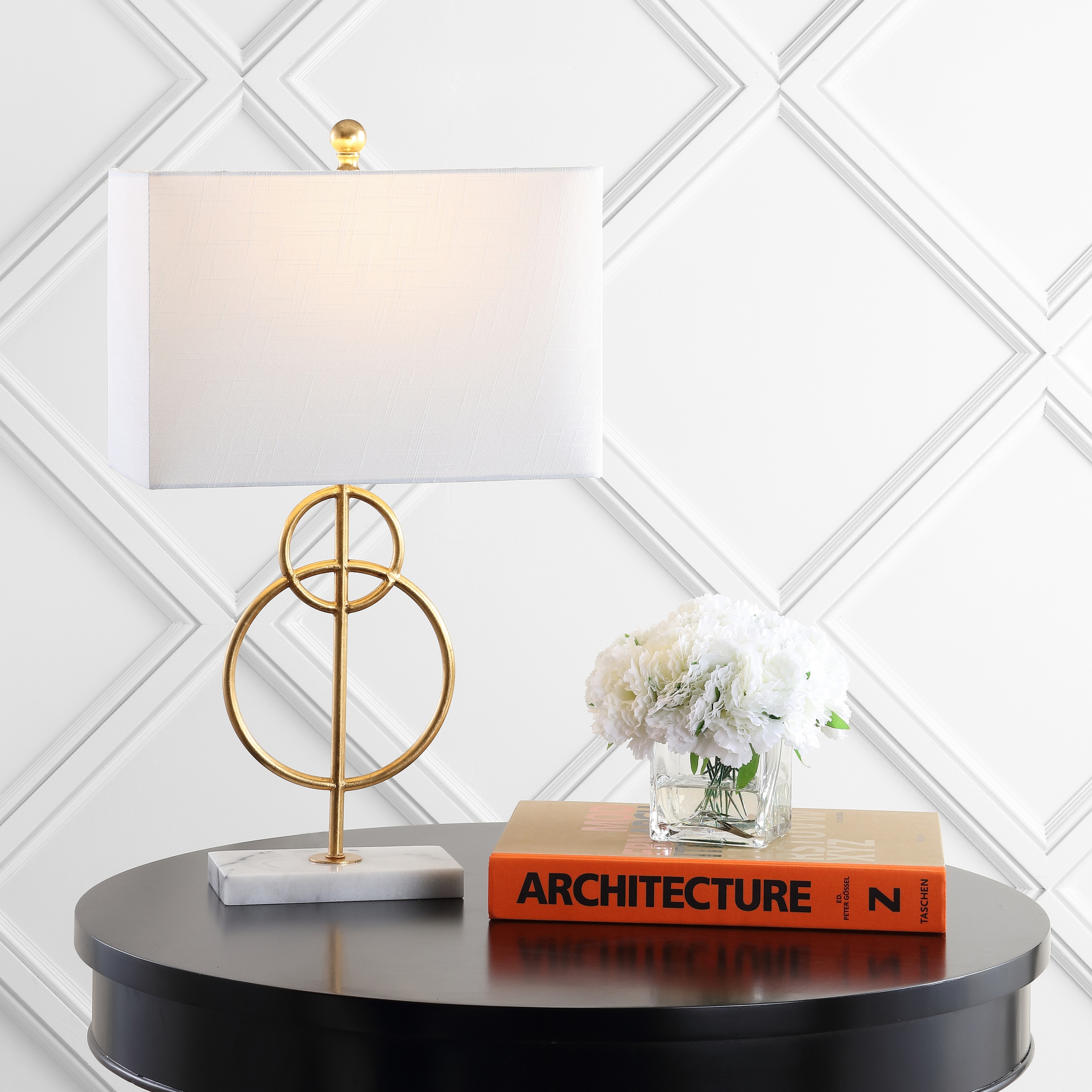 JONATHAN Y Gregory 26" Modern Circle Marble/Metal LED Table Lamp, Gold