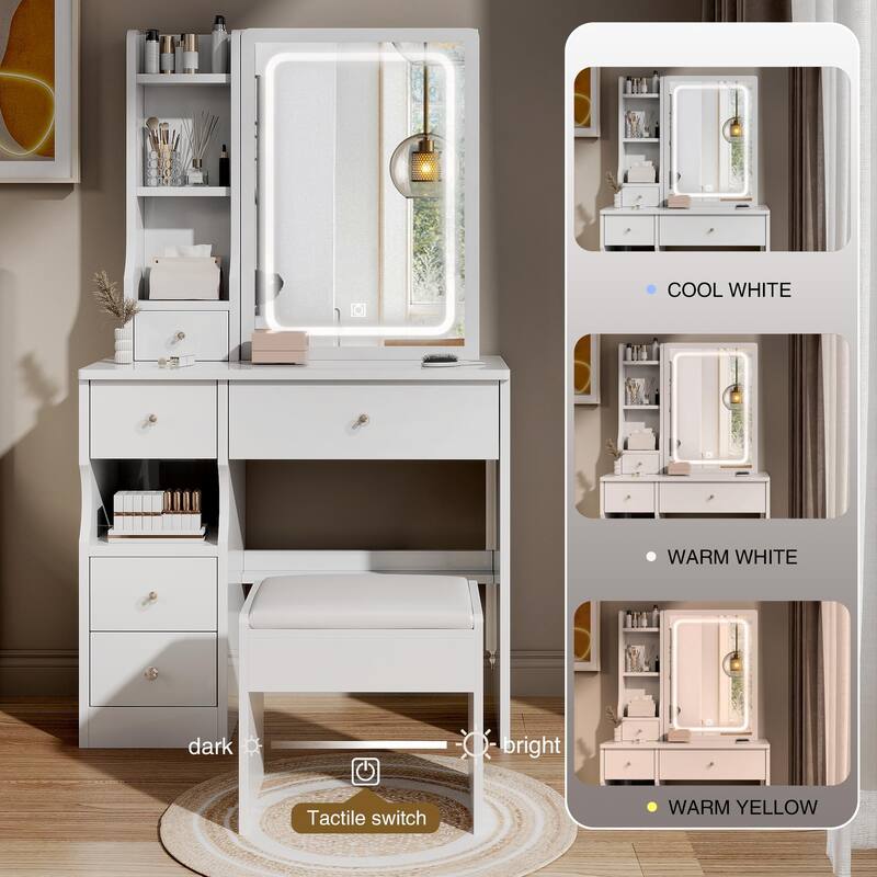 Small Space Left Drawer Desktop Vanity Table,Cushioned Stool,Extra Large Touch Control Sliding LED Mirror