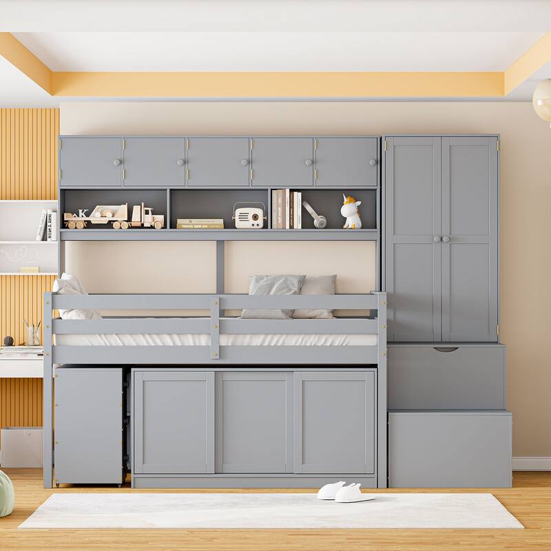 Twin Size Wooden Loft Bed with Integrated Wardrobe, Under-bed Desk, Drawers, with Shelves