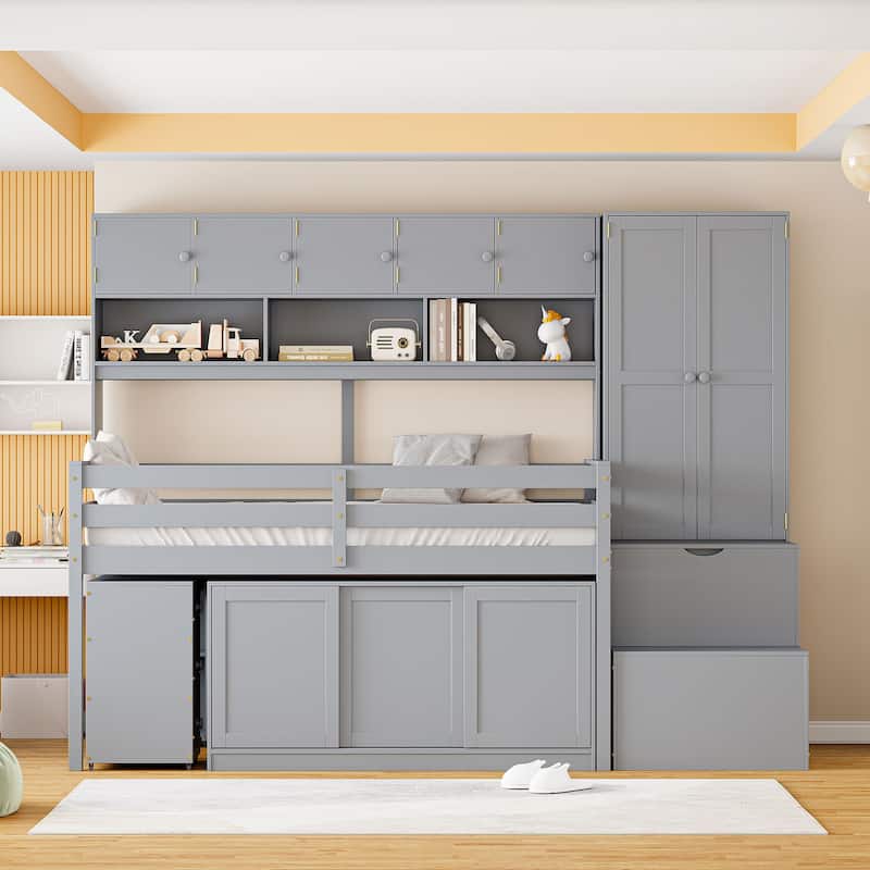 Wooden Loft Bed with Hidden-desk, Wardrobe, Drawers and Shelves